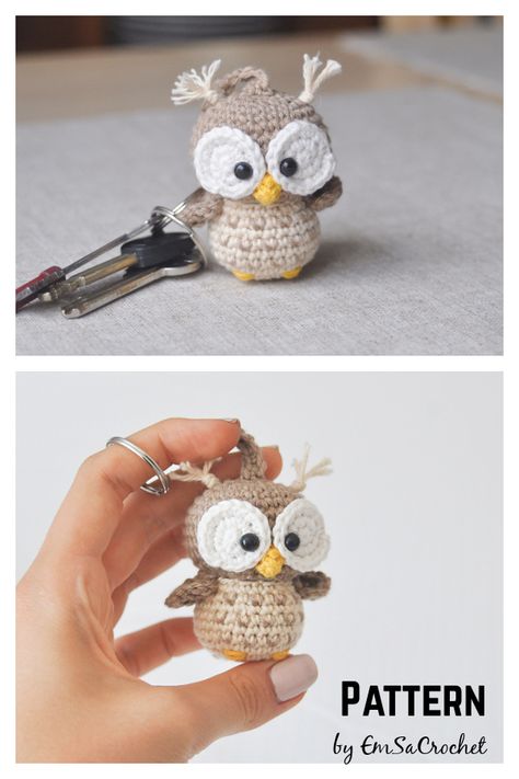 Amigurumi Owl Keychain, Keyring Crochet Pattern, Small Crocheted Gifts Ideas, Owl Keychain Crochet Pattern Free, Knitted Keychain Pattern, Owl Keychain Crochet, Small Amigurumi Crochet Pattern Free, Minigurumi Free Pattern, Crocheted Keychains Free