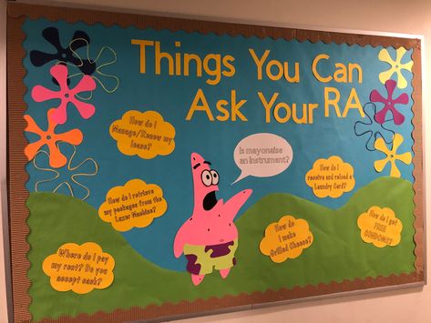 Important Info Bulletin Board, The Office Ra Bulletin Boards, Ra Summer Bulletin Boards, Dorm Bulletin Boards Resident Assistant, Ra Welcome Back Bulletin Boards College, Ra Bulletin Boards Spongebob, Simple Ra Bulletin Boards, Residence Assistant Ideas, Spongebob Ra Board