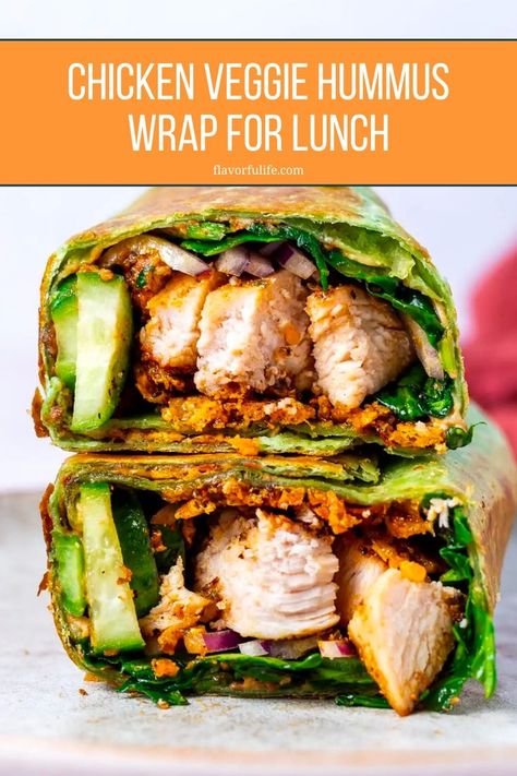 Let's learn how to make healthy chicken wraps! These easy chicken veggie hummus wraps are a lunch favorite around these parts. Pesto, hummus and chicken come together for a protein and veggie packed lunch. This is the ultimate wrap featuring flavorful chicken, simple hummus, lots of fresh veggies and crispy cheese. Chicken Hummus Wrap, Healthy Chicken Wraps, Simple Hummus, Hummus Wraps, Veggie Hummus, Chicken Hummus, Veggie Hummus Wrap, Pesto Hummus, Hummus Wrap