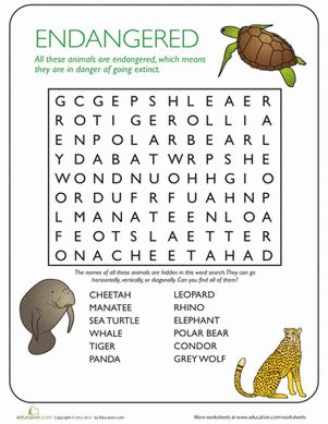 Animal Word Search: Endangered Species Worksheet Endangered Species Activities, Endangered Animals Activities, Animal Word Search, Endangered Animals Project, Zoo Animal Crafts, Animal Worksheets, Animal Activities, Science Worksheets, Extinct Animals