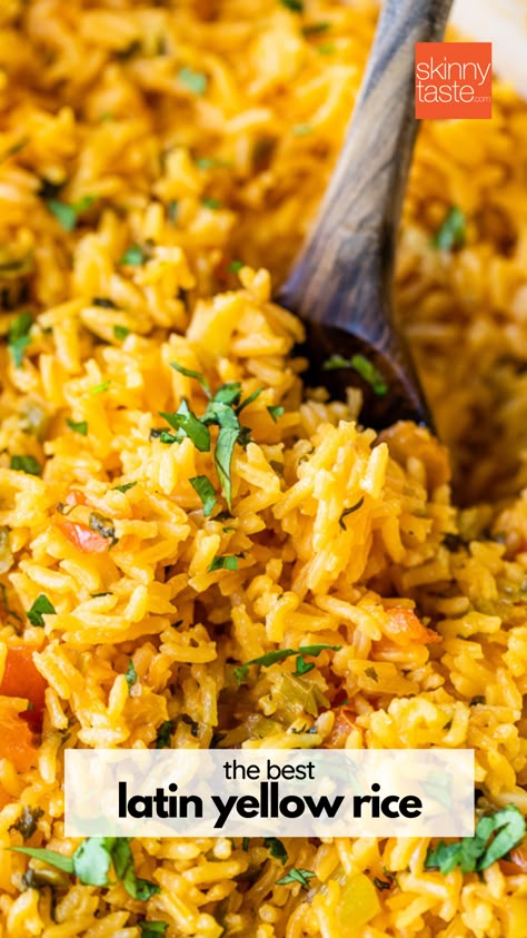 This is my go-to recipe for Latin Yellow Rice! Every time I make it, I always get asked for the recipe, so I'm sharing it with the world! #rice #latinfood #yellowrice #sidedish Yellow Rice Recipe Spanish, Spanish Dinners, Yellow Rice Recipe, Spanish Dinner, Yellow Rice Recipes, Mexican Rice Easy, Chili Relleno, Mexican Rice Recipes, Meat Dish