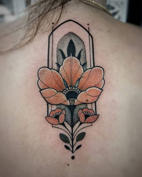 101 Best Amazing Art Deco Tattoo Ideas You Need To See! 94 Outsons Art Nouveau Forearm Tattoo, Old Fashioned Flower Tattoo, Ornamental Tattoo Color, Neo Traditional Plant Tattoo, Neo Traditional Poppy Tattoo, Earth Tone Tattoo, Art Nouveau Flower Tattoo, Broach Tattoo, 1970s Tattoos