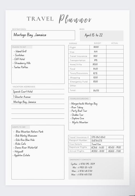 The fun parts about traveling is planning for your trip! Have all of your important details in one place from your travel insurance policy number , passport number, travel budget and plans altogether. Never forget or miss a flight or activity again this planner will give you the most stress free and relaxing vacation needed. Write down all the places you want to visit and make plans for each day to make the most of your time away. Also write down your budget so you have in mind how much your tr Trip Planning Template, Vacation Planner Template, Travel Budget Planner, Travel Itinerary Planner, Travel Planner Template, Weekly Budget Planner, Vacation Organization, Passport Number, Money Planner