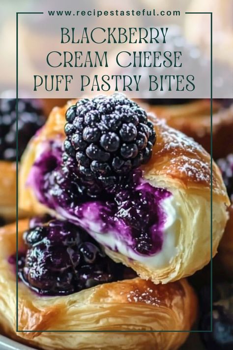 These Blackberry Cream Cheese Puff Pastry Bites are a quick and delicious way to enjoy a sweet, fruity dessert with minimal effort. The creamy cheese and fresh blackberries tucked into flaky puff pastry make them irresistible! Blackberry Cream Cheese, Puff Pastry Bites, Cream Cheese Recipes Dessert, Cream Cheese Puffs, Pastry Bites, Cream Cheese Puff Pastry, Puff Dessert, Fruity Dessert, Puff Pastry Cream Puffs