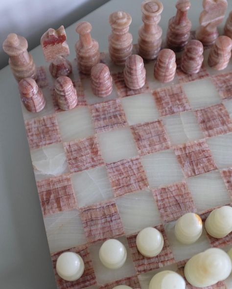 HAND IN HAND’s Instagram photo: “For all the QUEENS GAMBIT lovers: We have two vintage chess boards in our selection. This one is made out of rosé and white marble and…” Chess Table Aesthetic, Cute Chess Board, Aesthetic Chess Board, Chess Board Aesthetic, Angelica Aesthetic, Niche Hobbies, Tv Console Diy, Vintage Chess Board, Chess Games