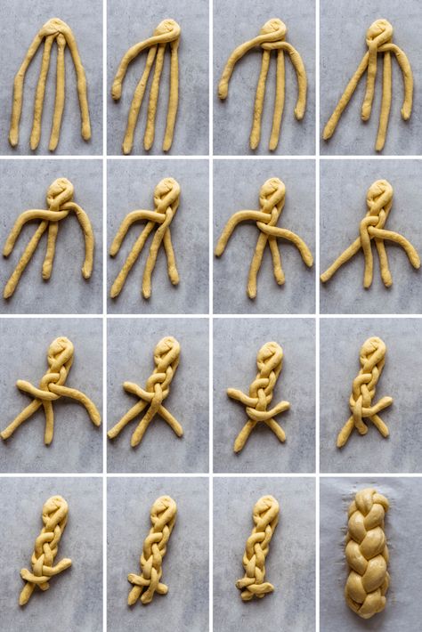 How to braid 4 strand challah bread #challah #bread #braid Traditional Challah Bread Recipe, Braided Brioche Bread Recipe, Flavored Challah Bread, 6 Strand Challah Braid, Challah Braiding Tutorials, Jewish Bread Challah, Bread Shaping Techniques, Hallah Bread Recipe, Braid 4 Strand