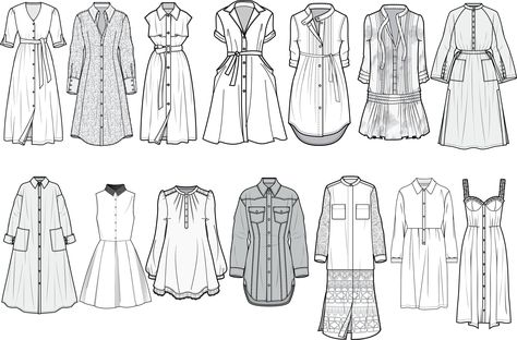 Clothing Technical Drawing, Flat Technical Drawing, Shirt Dress Sketch, Dresses Technical Drawing, Dress Flat Drawing, Flat Drawing Fashion, How To Draw Shirts, Shirt Technical Drawing, Shirt Dress Flat Sketch