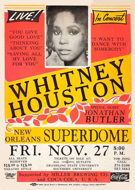 Whitney Houston 1987 New Orleans Houston Poster, Houston Design, Music Concert Posters, Vintage Music Posters, Music Poster Design, Guinness World Records, Concert Poster, Rock Concert, Rock Posters