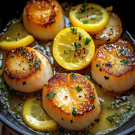 Pan-Seared Scallops with Citrus-Herb Butter 🐚🍋🧈 Ingredients: 1 lb sea scallops (about 12-16 large scallops)2 tbsp olive oilSalt and pepper, to taste4 tbsp unsalted butter3 garlic cloves, minced1/4 cup freshly squeezed lemon juice (about 1-2 lemons)2 tbsp fresh parsley, choppedLemon wedges, for servingInstructions: Prepare the scallops: Use paper towels to gently pat the scallops dry, Pan Fried Scallops Garlic, Pan Seared Scallops Butter, Seared Scallops Cast Iron, Pan Fried Scallops Recipes, How To Cook Scallops In Pan, Scallops Recipes, Pan Fried Scallops, Sauteed Scallops, Pescatarian Meals