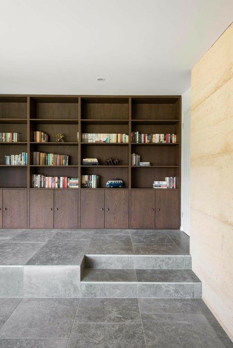 Library Wooden Shelves, Dark Wood Bookshelves, Terraced Yard, Custom Bookshelf, Dark Wood Shelves, Oak Bookshelves, Custom Bookshelves, Basement Reno, Dark Wood Cabinets