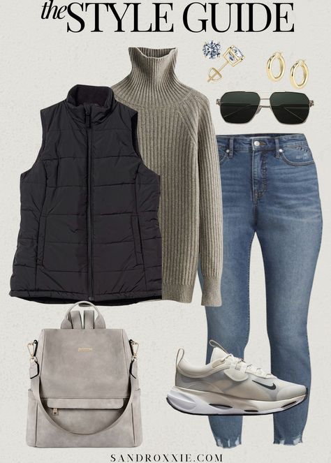 Winter Outfits Sneakers Casual, Field Trip Outfit Winter, Soccer Mom Winter Outfit, Silver Puffer Vest Outfit, Jeans And Puffer Vest Outfit, Sports Mom Outfit Winter, Body Warmer Outfit Women, Calgary Outfits, Denim Shacket Outfit