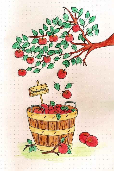 September Sketchbook Ideas, Fall Tree Doodle, Apple Doodle Art, Apple Bullet Journal Theme, September Drawing Ideas, September Scrapbook Ideas, Apple Bullet Journal, September Journal Cover, September Calendar Ideas