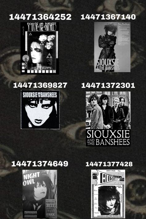 Siouxsie and the Banshees goth roblox decal code poster grunge poster wallprint bloxburg Emo Room, Royale High Journal Ideas, Goth Houses, Modern Decals, Siouxsie And The Banshees, Bloxburg Decals Codes Aesthetic, Emo Teen, Pic Code, Grunge Posters