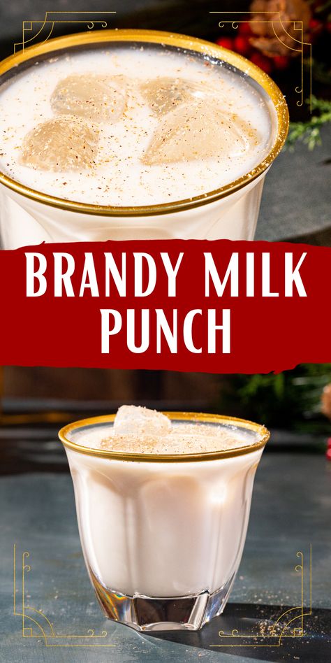 Top photo shows a close up of the top of the Brandy Milk Punch cocktail, which is white in color and has ice cubes in it. Nutmeg is sprinkled on top. The drink is in a gold-rimmed old fashioned glass. Below the top picture, text says "brandy milk punch". At the bottom is a side view of the Brandy Milk Punch Christmas cocktail. Brandy Milk Punch Recipe, Drinks With Brandy, Brandy Milk Punch, Milk Punch Recipe, Milk Punch, Cranberry Drinks, Cinnamon Syrup, Cocktail Serving, Seasonal Drinks