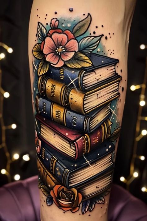 Different Tattoo Ideas For Women, Small Book Tattoo Ideas, Traditional Book Tattoo, Unique Tattoos For Women Meaningful, Book Tattoo Ideas For Women, Book Tattoo Sleeve, Book Tattoo Designs, Book Lover Tattoo Ideas, Small Book Tattoo