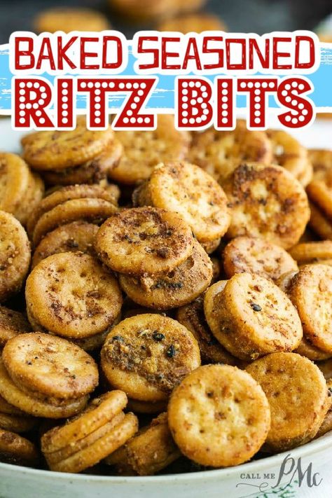 BAKED SEASONED RITZ BITS! Ritz Cracker Snacks, Chex Mix Flavors, Caramel Snack Mix, Savory Cookies, Spicy Crackers, Ritz Bits, Crackers Appetizers, Finger Snacks, Seasoned Crackers