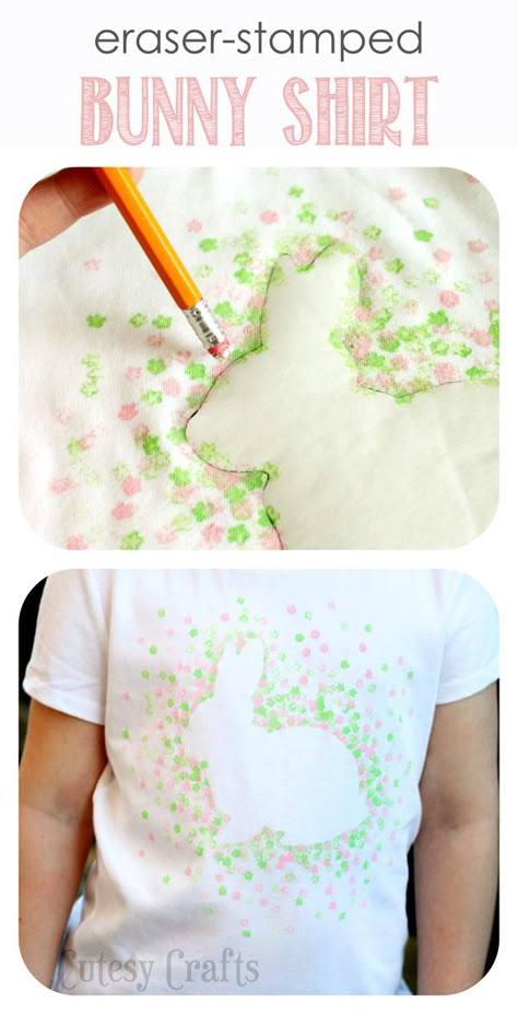 Eraser-Stamped Easter Bunny Shirt - Made with Freezer Paper and a pencil eraser! Eraser Stamp, Easter Bunny Shirts, Crafts Easter, Easter Cake, Easter Projects, Freezer Paper, Bunny Shirt, Pencil Eraser, Bunny Crafts