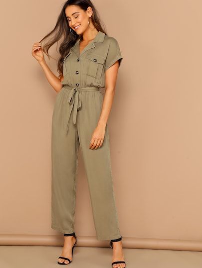 Safari Button Up Cuffed Sleeve Belted Utility Jumpsuit | SHEIN Jumpsuit Outfit Casual, Utility Jumpsuit, Western Wear Outfits, Simple Kurta Designs, Stylish Jumpsuit, Stylish Short Dresses, Casual Outfit Inspiration, Cuffed Sleeve, Kurti Designs Party Wear