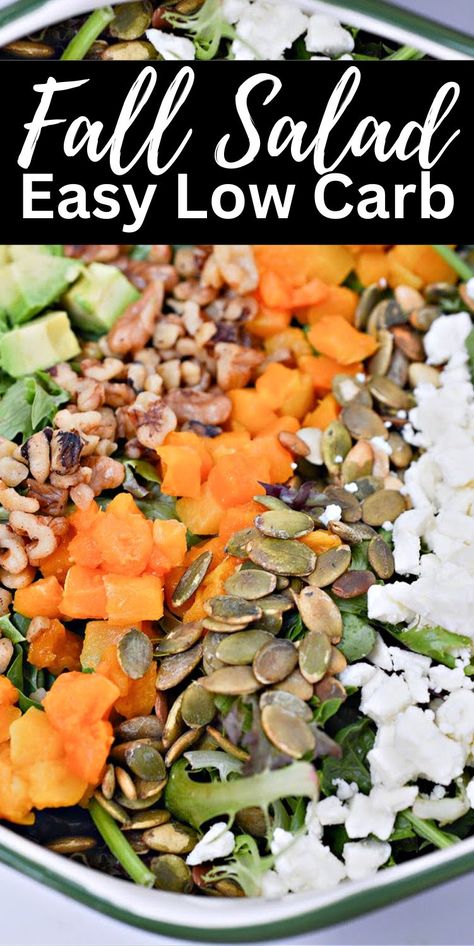 Low Carb Fall Salad - Crunchy walnuts, tender butternut squash, and salty pumpkin seeds covered in a sugar-free honey mustard dressing – this is the best low-carb salad you’ll ever make! #lowcarb #Lowcarbrecipes #lowcarbdiet #Lowcarbfallsalad #fallsalads #fallrecipes #butternutsquash #sidedishrecipes #food #recipes Fall Salad Ideas, Keto Salads, Low Carb Salads, Keto Salad, Fall Salad Recipes, Low Carb Thanksgiving Recipes, Food Guilt, Thanksgiving Salad, Autumn Salad Recipes