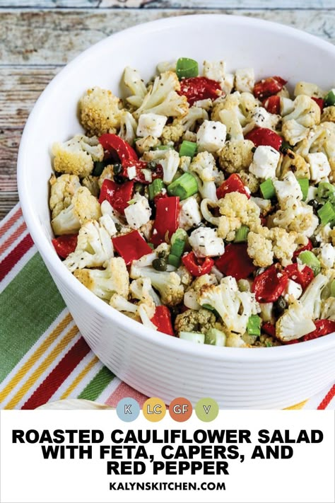 Pinterest image for Roasted Cauliflower Salad with Feta, Capers, and Red Pepper in a white serving bowl on a striped napkin. Tasty Cauliflower, Crockpot Side Dishes, Roasted Cauliflower Salad, Keto Salads, Salad With Feta, Soup Appetizers, Boiled Egg Diet Plan, Greek Flavors, Low Carb Salad