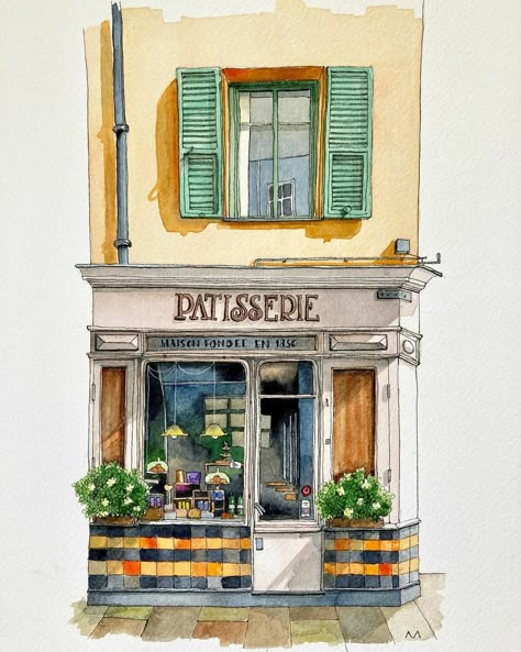 Urban Anna, Watercolor And Pen, Watercolor House Portrait, Watercolor Architecture, Building Illustration, Shop Illustration, Diy Watercolor Painting, Architecture Drawing Art, House Illustration