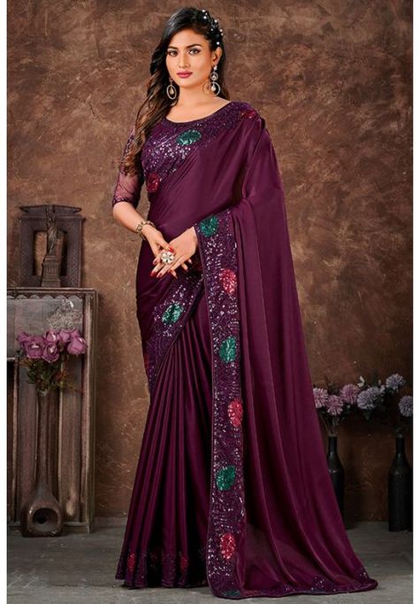 Burgundy Sequined Satin Silk Saree Bollywood Sarees Online, Satin Silk Saree, Wine Colour, Bollywood Bridal, Party Wear Gown, Fancy Sarees Party Wear, Indian Party, Indian Sarees Online, Wedding Saree Indian