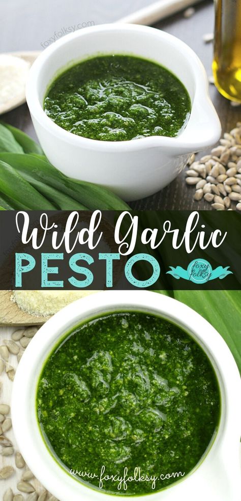 Make this nutty and garlicky Wild Garlic Pesto and use it to make pasta, as a spread to your sandwiches or to add some amazing flavor to your fish, lamb or beef! | www.foxyfolksy.com #FoxyFolksyRecipes #pesto #garlicpesto #sauce Easy Basil Pesto Recipe, Easy Basil Pesto, Garlic Scape Pesto, Basil Pesto Recipe, Wild Garlic Pesto, Basil Pesto Recipes, Low Histamine, Herb Sauce, Making Pasta