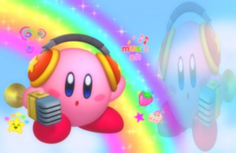 Kirby With Headphones, Kirby Headphones, Kirby Art, Glitter Graphics, Rainbow Swirl, Phone Icon, Video Game Characters, Computer Wallpaper, Indie Games