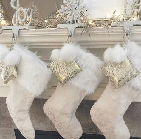 Elegant cream and white Christmas stockings. Bliss by Laurisa Christmas Stockings Aesthetic, Gold Christmas Stockings, Unique Christmas Stockings, White Christmas Stockings, Large Christmas Stockings, Christmas Stockings Diy, Glam Christmas, Elegant Christmas Trees, Christmas Stocking Pattern