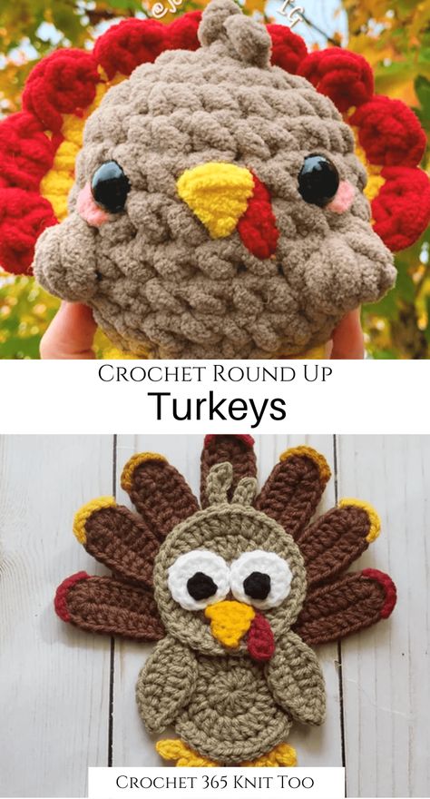 Get ready to FALL in love with these turkeys this fall! #crochet #crochet365knittoo #crochetpattern #crochetturkey #crochetturkeypattern #amigurumi #crochetamigurumi #fallcrochet Crochet Thanksgiving Turkey Patterns Free, Small Turkey Crochet Pattern, Crochet Turkey Feathers, Crochet Turkey Applique, Crochet Turkey Amigurumi, Fall Themed Crochet Patterns, Crocheted Turkey Pattern, Turkey Amigurumi Free Pattern, Crochet Turkey Hat Free Pattern