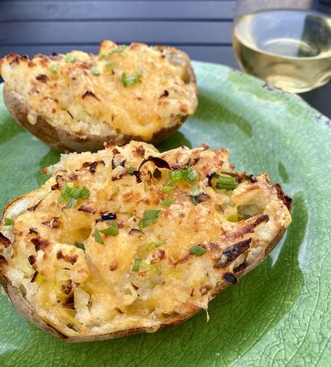 Baked Potatoes with Boursin & Leeks - Blythes Blog Blythes Blog Gender Reveal Food, Baked Potato Recipes, Twice Baked, Twice Baked Potatoes, Potato Skins, Baked Potatoes, Green Salad, Leeks, Potato Recipes