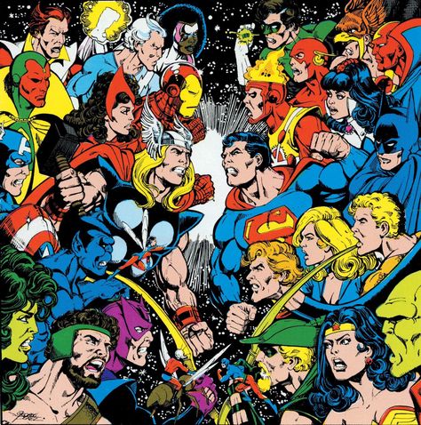 GEORGE PEREZ Reveals the One Image Destined to Be in JLA/AVENGERS | 13th Dimension, Comics, Creators, Culture Avengers Vs Justice League, George Perez Art, Dc Comics Vs Marvel, Dc Crossover, Marvel And Dc Crossover, George Perez, Dc Vs Marvel, Justice League Of America, Marvel Vs Dc