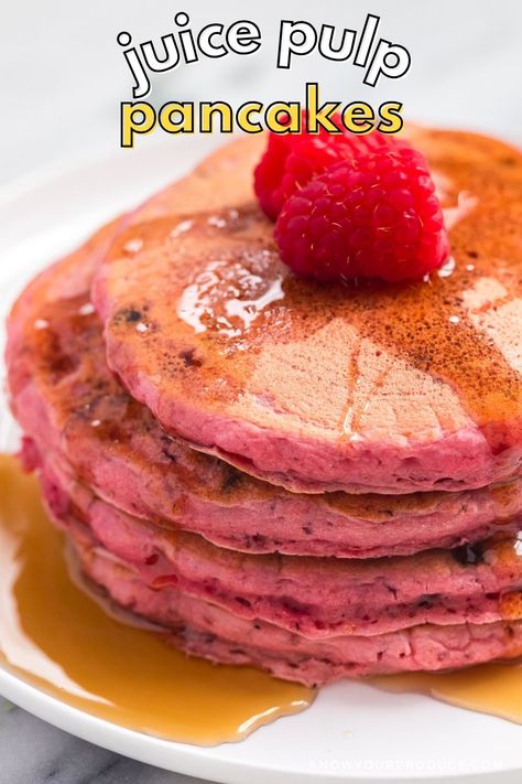 These Juice Pulp Pancakes are a delicious and fun recipe to use leftover pulp from juicing! Colorful beets make the pancake pink and carrots sweeten the batter. Juicer Pulp Recipes, Beet Pancakes, Juice Pulp Recipes, Pulp Recipes, Orange Carrot Juice, Pulp Recipe, Dairy Free Pancakes, Pancake Calories, Drinks Smoothies