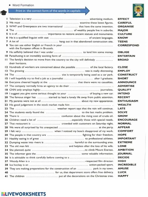 Word Formation online worksheet for Grade 11. You can do the exercises online or download the worksheet as pdf. Advanced Grammar Worksheet, Word Formation Exercises, Word Formation Worksheets, 11 Worksheet, Sequencing Words, English Grammar Test, Word Formation, Vocabulary Exercises, English Stories For Kids