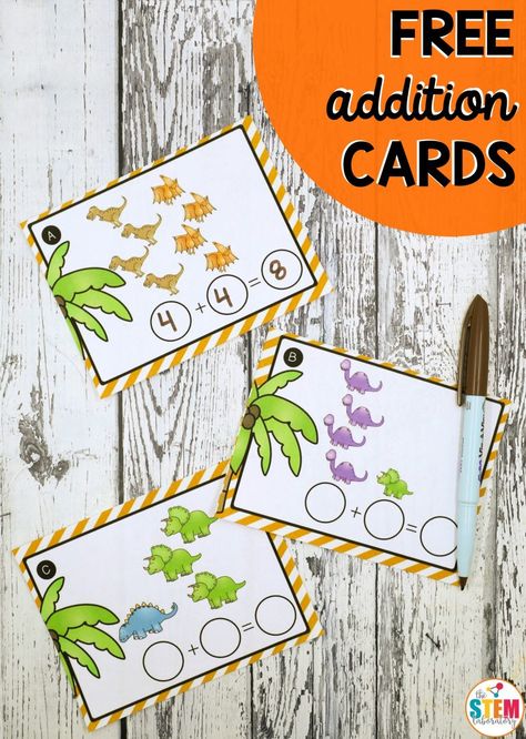 Dinosaur Addition, Dinosaur Kindergarten, Dinosaurs Kindergarten, Dinosaur Week, Addition Activity, Free Math Printables, Free Math Games, Addition Kindergarten, Dinosaurs Preschool