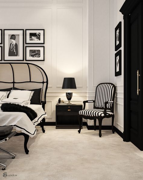 Coco Chanel Bedroom, Coco Pearls, Coco Chanel Decor, Chanel Home Decor, Fashion Bedroom, Black And White Bedroom, Neoclassical Interior, Classic Bedroom, White Rooms