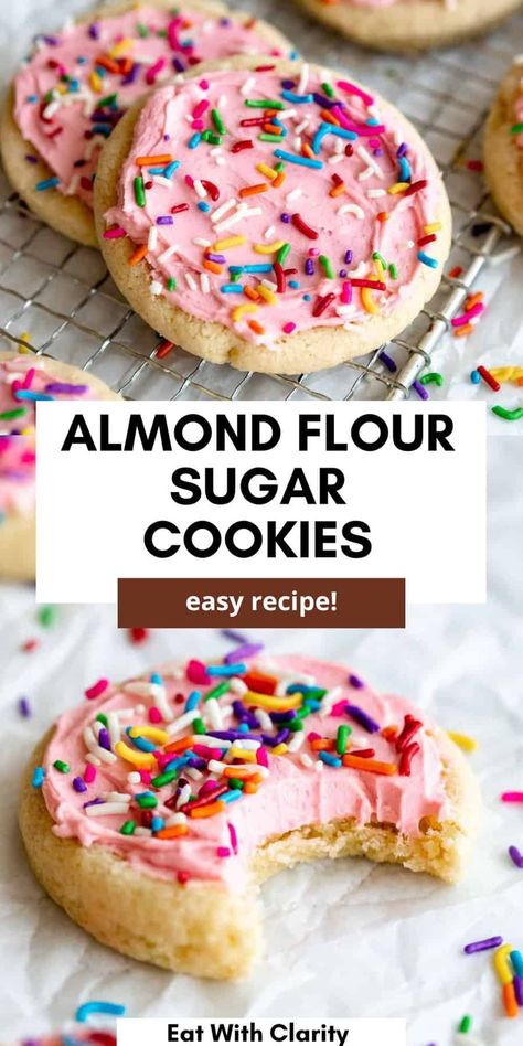 These almond flour sugar cookies are easy to make, healthy and topped with frosting. These gluten free cutout sugar cookies are the perfect dessert recipe and can be made dairy free! These cookies are chewy and easy to make. Gluten Free Cutout Sugar Cookies, Almond Flour Sugar Cookies, Paleo Sugar Cookies, Dairy Free Icing, Almond Flour Desserts, Almond Flour Recipes Cookies, Lofthouse Cookies, Dairy Free Frosting, Dairy Free Pasta