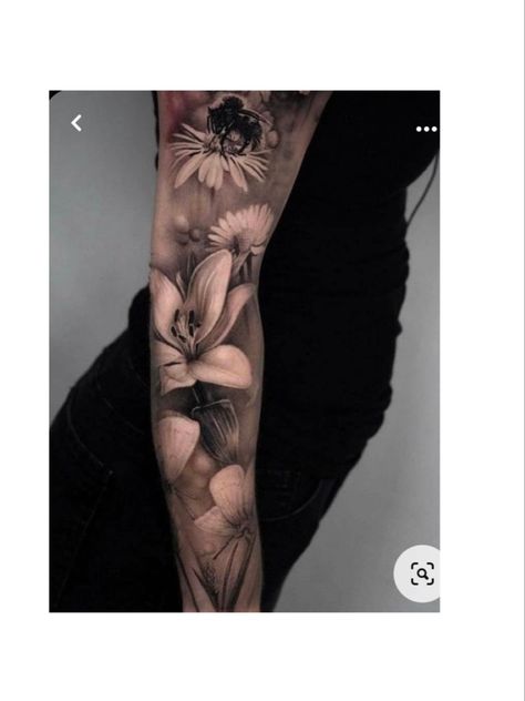 Birth Flowers Half Sleeve, Sleeve Tattoos For Women Realism, Feminine Realism Tattoo Sleeves, Realistic Flower Tattoo Sleeve, Realism Floral Tattoo Sleeve, Best Flower Tattoos For Women, Realism Flower Tattoo Sleeve, Feminine Arm Sleeve Tattoos, Realistic Flower Tattoo Black And White