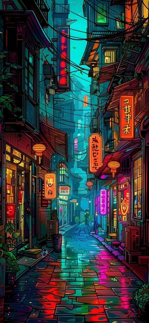 Kyoto Wallpaper Iphone, Wallpaper Backgrounds City, Cyberpunk City Aesthetic, City Background Drawing, Japan Illustration Art, Night City Wallpaper, Neon Cyberpunk Aesthetic, Cyberpunk Drawing, Cityscape Background