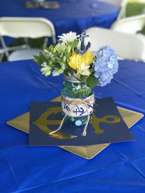 Navy centerpiece Us Navy Centerpiece Ideas, Navy Retirement Centerpieces, Navy Commissioning Party, Naval Academy Graduation Party, Navy Retirement Party, Us Navy Party, Navy Centerpieces, Promotion Ceremony, Deployment Party