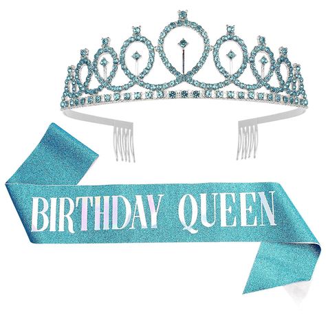 Amazon.com : "Birthday Queen" Sash & Rhinestone Tiara Kit COCIDE Blue Birthday Sash and Tiara for... | Amazon (US) Women's Sash, Birthday Tiara, Birthday Sash, Crown For Women, Crystal Hair Accessories, Silver Tiara, Crystal Tiara, Birthday Queen, Glitter Birthday