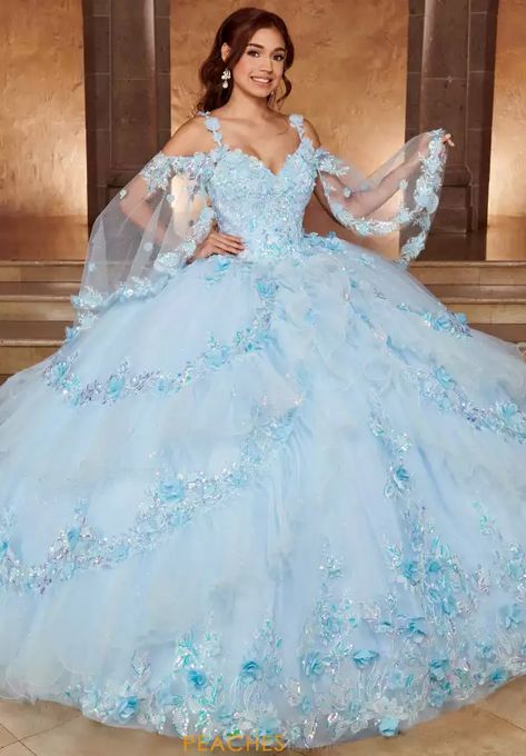 Skirt Embroidery, Quinceanera Themes Dresses, Cape Sleeve Dress, Detachable Cape, Blue Quince, Mary's Bridal, Debutante Ball, Quinceanera Dresses Blue, Pretty Quinceanera Dresses