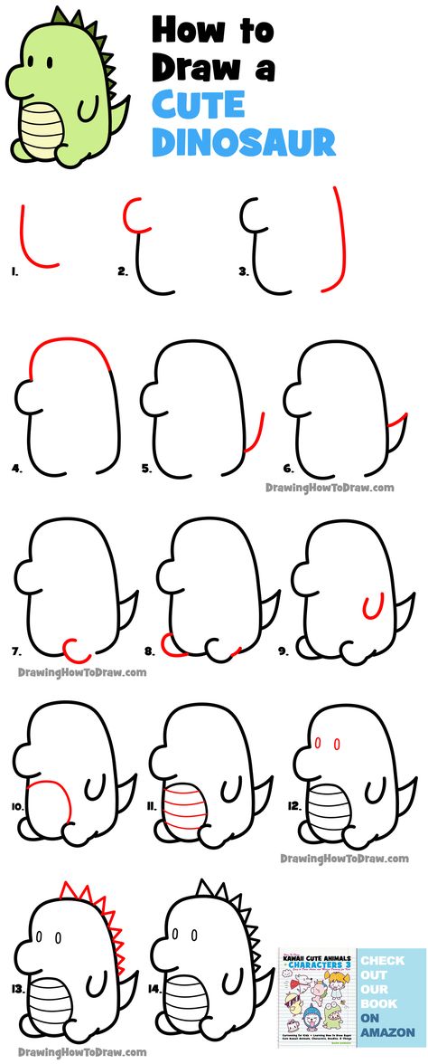 how to draw a cute chibi kawaii dinosaur easy step by step drawing tutorial for kids Cute Dinasour Drawings, Dinasour Cute Drawings, Kawaii Art Easy, How To Draw A Cute Dinosaur, How To Draw A Dinasour Easy, Dinosaur Drawing For Kids, Dinosaur Doodle Easy, Cute Drawings Simple Dinosaur, Easy Dino Drawings