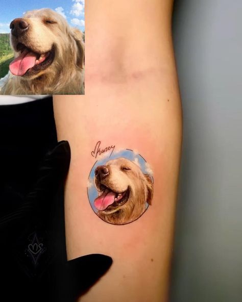 Puppy Portrait Tattoo, Dog Portrait Tattoo Color, Dog Color Tattoo, Pet Memory Tattoos, Dog Tattoo Color, Tattoo Perro, Collage Tattoo, Green Tattoo, Pet Memorial Tattoo