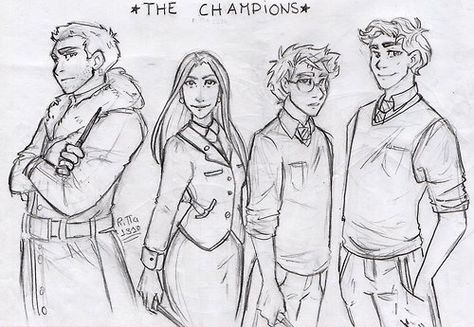 A sketch of the triwizard champions! ahah by RiTTa1310 on deviantART Triwizard Champions Fanart, Triwizard Champions, Victor Krum, Triwizard Tournament, Slytherin And Hufflepuff, Amazing Books, Harry Potter Puns, Chibi Art, Harry Potter Artwork