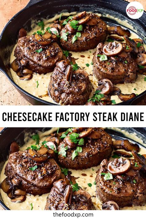 This Cheesecake Factory Steak Diane recipe is easy to make as it comes together in less than an hour. You'll love the combination of Dijon mustard, cream, Worcestershire sauce, and beef stock in the sauce. Just click on the link available here! #cheesecakefactorysteakdiane #cheesecakefactorysteakdianerecipe #cheesecakefactoryrecipes #steakdianerecipes Steak Diane Recipe, Steak Diane, Cheesecake Factory Recipes, Mushrooms And Onions, Steak Dishes, Beef Steak Recipes, Copykat Recipes, Copycat Restaurant Recipes, Cheesecake Factory