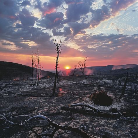 "Aftermath of Wildfire: The solemn beauty of a #sunset over a charred forest reveals the aftermath of a fierce #wildfire. #landscape #devastation #nature #aiart #aiphoto #stockcake ⬇️ Download and 📝 Prompt 👉 https://stockcake.com/i/aftermath-of-wildfire_369078_682260 #photooftheday #climatechange #scenery #fireaftermath #naturaldisaster #environment #forestrecovery" Forest Fire Aftermath, Wildfire Aftermath, Scorched Forest, Wildfire Photography, Burning Field, Broken Lines, Weather Unit, Mind Palace, Adopt Idea