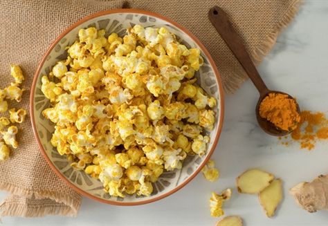 Ginger Turmeric Popcorn Lime Popcorn, Ginger Tumeric, Savory Popcorn, Spiced Popcorn, Ginger Honey Lemon, Popcorn Treats, Popcorn Snacks, Flavored Popcorn, Ginger Turmeric