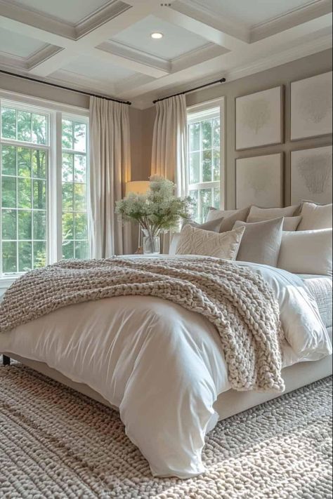 Cute House Interior Bedrooms, French Style Room Bedrooms, Aesthetic Master Bed, Ivory Bed Frame Room Ideas, Bedroom Design Ideas For Couples Master Suite, Room Inspo Color Scheme, Dream Guest Room, Pitched Ceiling Bedroom Master Suite, Farmhouse Interior Design Bedrooms