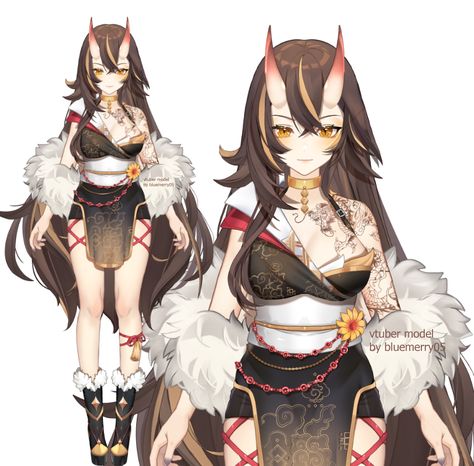 Vtuber Female, Female Oni, Jester Oc, Oni Horns, Vtuber Ideas, Vtuber Model, Fantasy Demon, Female Character Concept, Asian Design